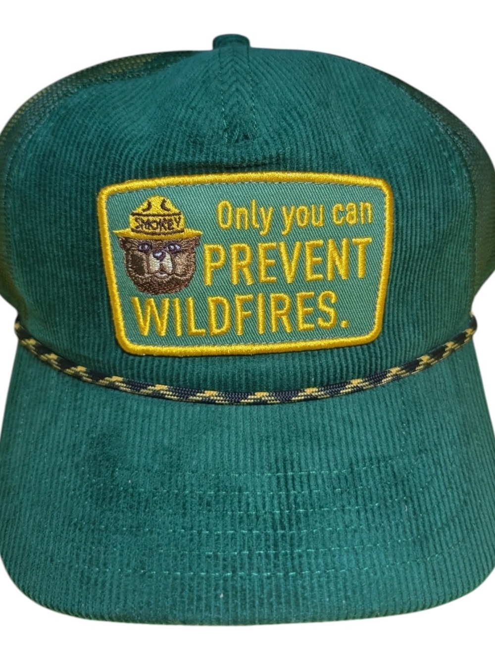 Smokey Bear 'Only You Can Prevent Wildfires' Green Corduroy Trucker Hat Adjustab